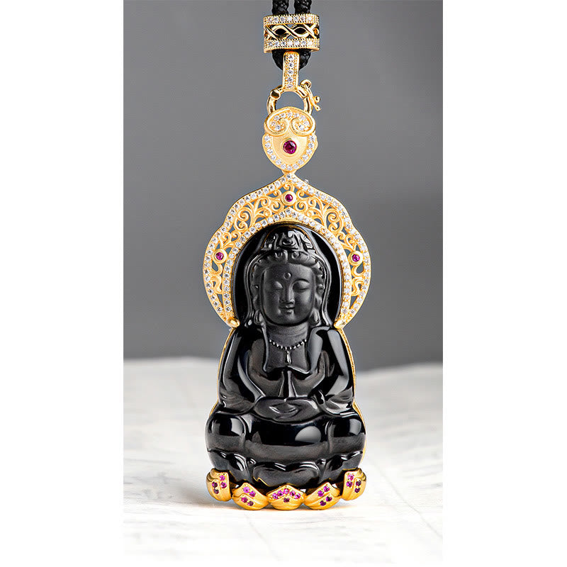 Buddha Stones Natural Black Jade Kwan Yin Avalokitesvara Wealth Titanium Steel Chain Necklace Pendant - image 7
