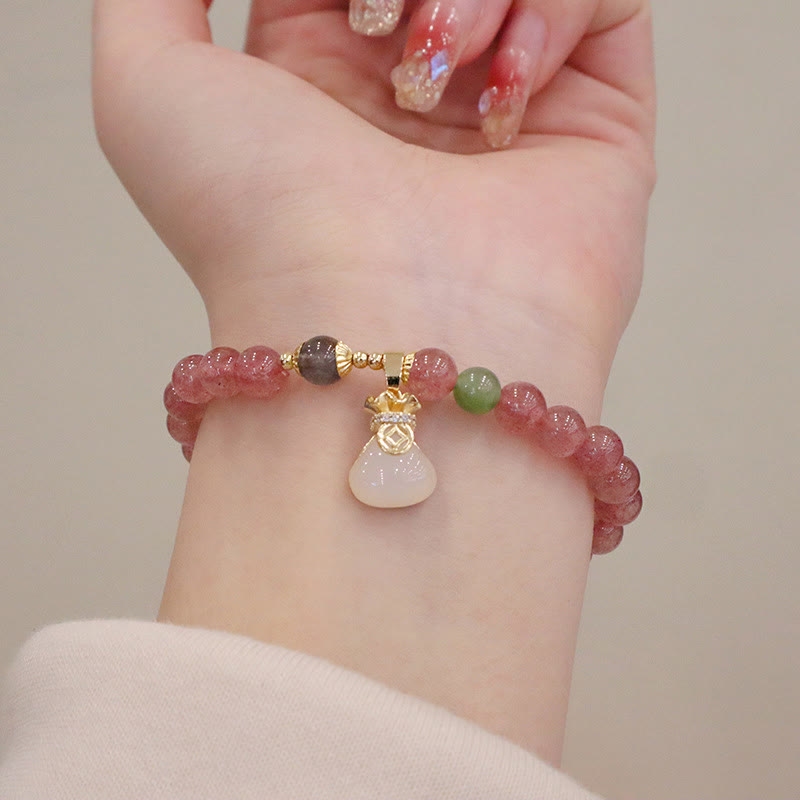 Buddha Stones Natural Strawberry Quartz Jade Peace Buckle Coin Purse Healing Bracelet