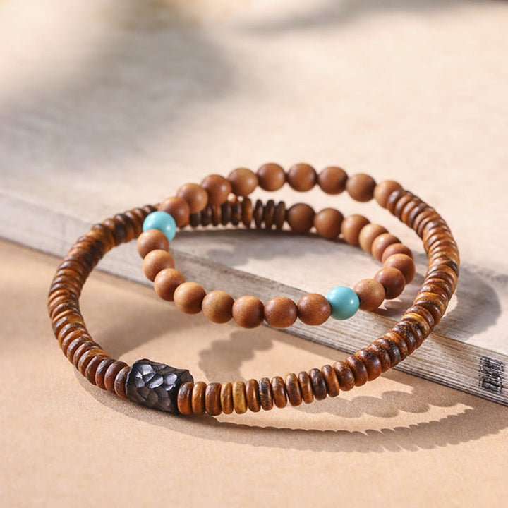 Buddha Stones Sandalwood Small Leaf Red Sandalwood Turquoise Protection Double Wrap Bracelet