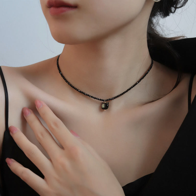 Buddha Stones Black Spinel Cute Cat Motivate Choker Necklace