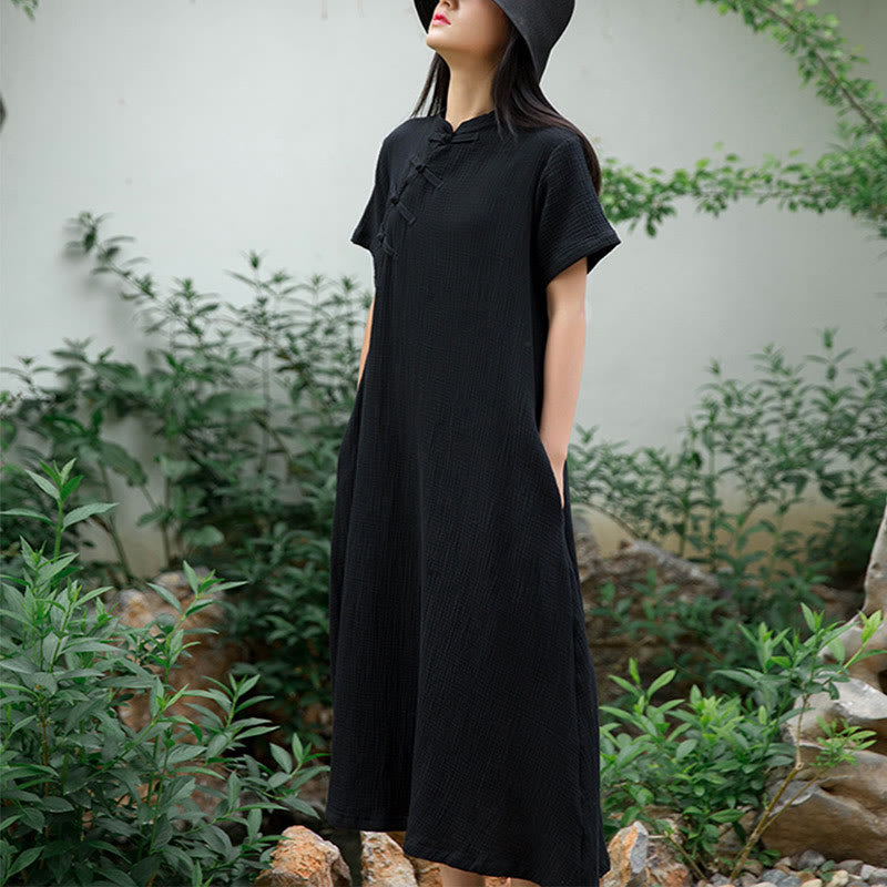 Buddha Stones Frog-Button Midi Dress Cotton Linen Short Sleeve Dress With Pockets