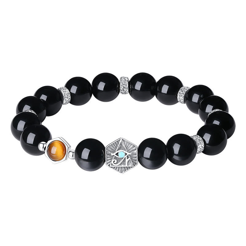 Buddha Stones 925 Sterling Silver Black Obsidian Tiger Eye Eye of Providence Purification Bracelet - image 11