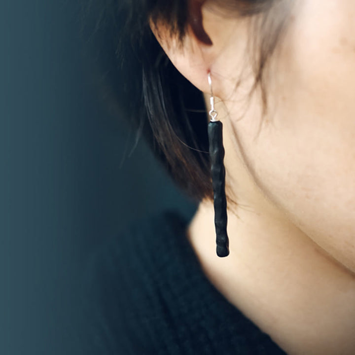 Buddha Stones 925 Sterling Silver Ebony Wood Texture Balance Peace Drop Dangle Earrings - image 10