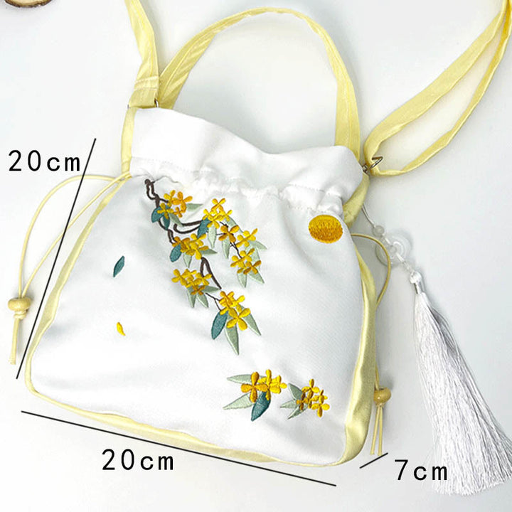 Buddha Stones Embroidered Osmanthus Peony Grape Cat Cotton Linen Tote Crossbody Bag Shoulder Bag Handbag