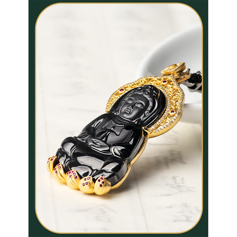 Buddha Stones Natural Black Jade Kwan Yin Avalokitesvara Wealth Titanium Steel Chain Necklace Pendant - image 6