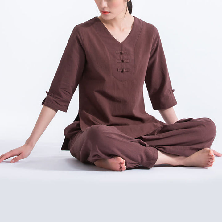 Buddha Stones Yoga Meditation Prayer V-neck Design Cotton Linen Clothing Uniform Zen Practice Women's Set - image 9