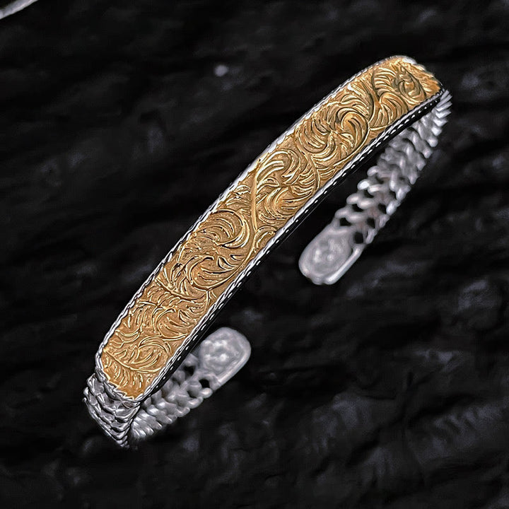 Tang Dynasty Flower Design Engraved Copper Luck Cuff Bracelet Bangle Adjustable Ring - Gold Tang Dynasty Flower Design - Bracelet Bangle - image 3