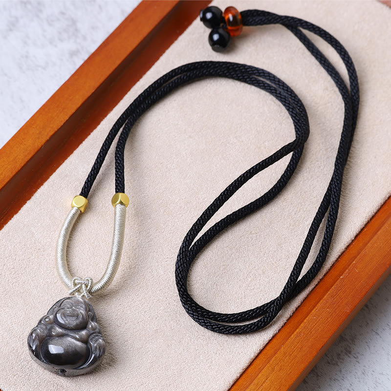 Buddha Stones Natural Silver Sheen Obsidian Laughing Buddha Protection Necklace Pendant - Laughing Buddha Black Necklace - image 11