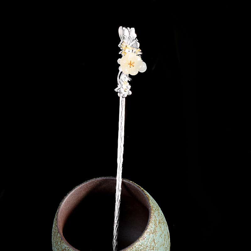 925 Sterling Silver Hetian White Jade Flower Blessing Hairpin - image 5