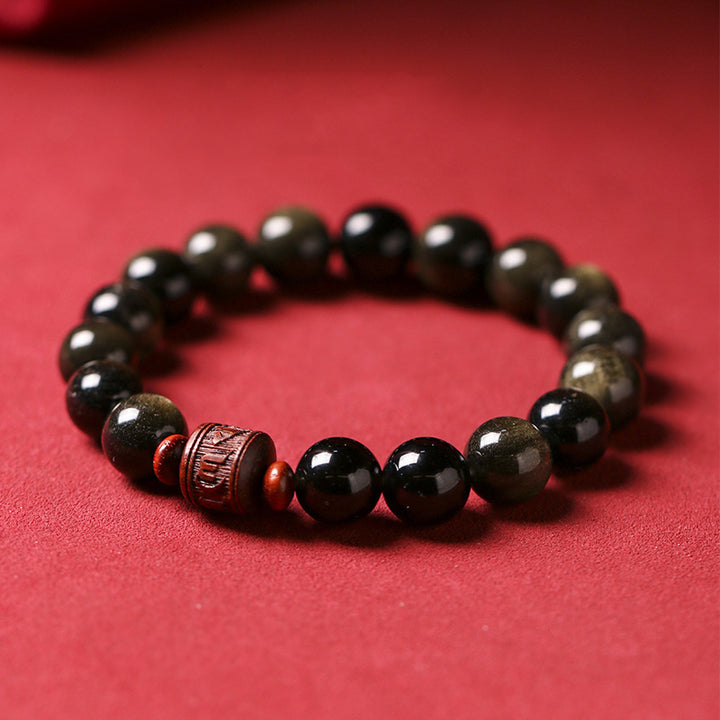 Buddha Stones Natural Gold Sheen Obsidian Rainbow Obsidian Om Mani Padme Hum Fu Character Healing Bracelet