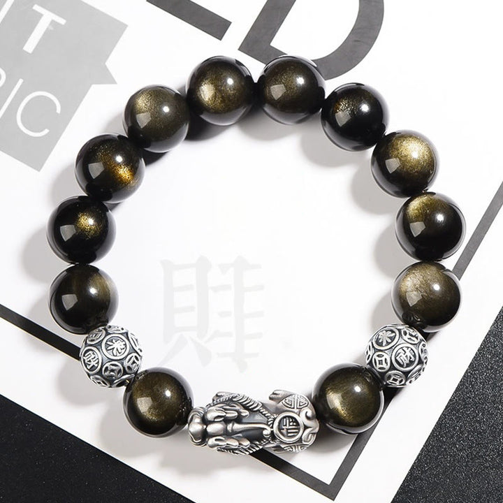 Buddha Stones 925 Sterling Silver Natural Gold Sheen Obsidian PiXiu Wealth Protection Bracelet - 10mm - image 0