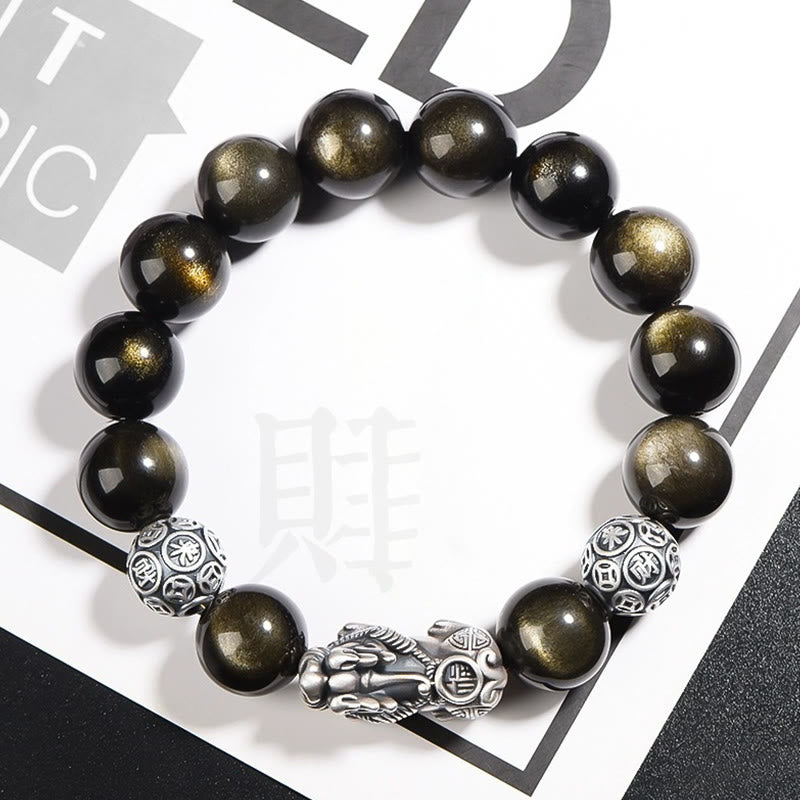 Buddha Stones 925 Sterling Silver Natural Gold Sheen Obsidian PiXiu Wealth Protection Bracelet - 10mm - image 0