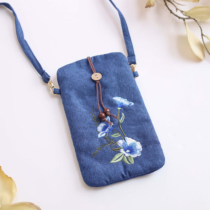 Buddha Stones Small Embroidered Flowers Crossbody Bag Shoulder Bag Cellphone Bag 11*20cm