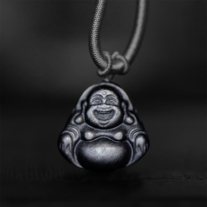 Buddha Stones Natural Silver Sheen Obsidian Laughing Buddha Protection Necklace Pendant - image 4
