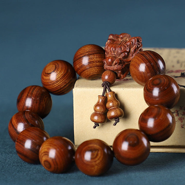 Buddha Stones Rosewood Green Sandalwood Small Leaf Red Sandalwood Dragon Carved Protection Bracelet