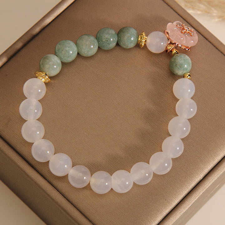 Buddha Stones White Agate Jade Flower Charm Luck Protection Bracelet