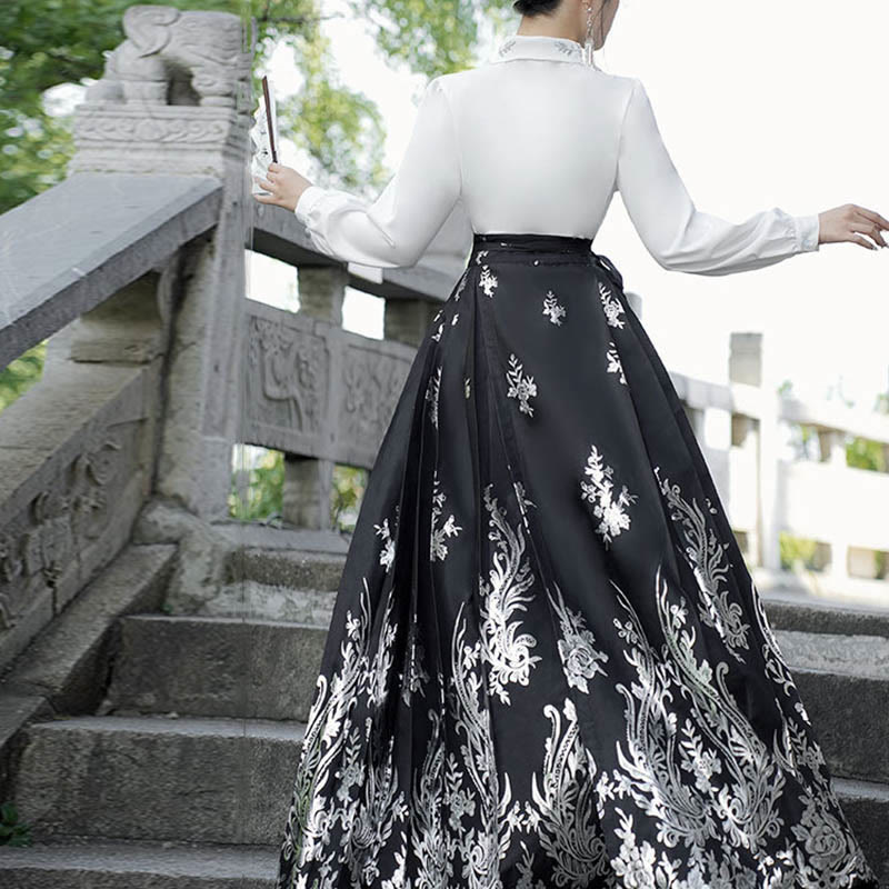 Buddha Stones Flowers Leaves Feathers Long Sleeve Shirt Top Chinese Hanfu Ming Dynasty Horse Face Skirt Mamianqun Skirt