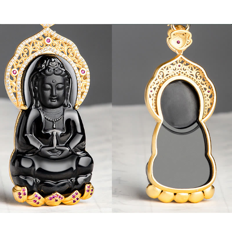 Buddha Stones 925 Sterling Silver Natural Black Jade Kwan Yin Avalokitesvara Wealth Necklace Pendant - image 5