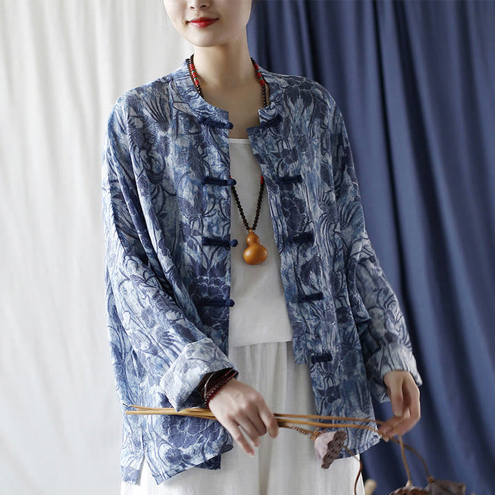 Buddha Stones Retro Blue White Flowers Frog-Button Design Long Sleeve Ramie Linen Jacket Shirt