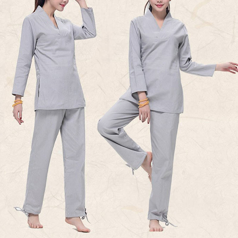Buddha Stones Zen Practice Yoga Meditation Prayer V-neck Design Uniform Cotton Linen Clothing Women's Set - image 7