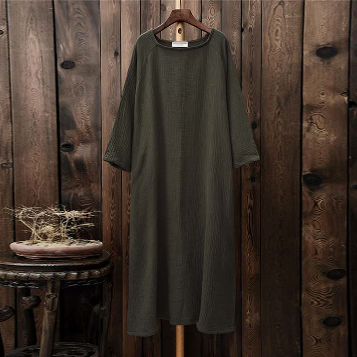 Buddha Stones Simple Midi Dress Cotton Linen Zen Tunic Dress With Pockets