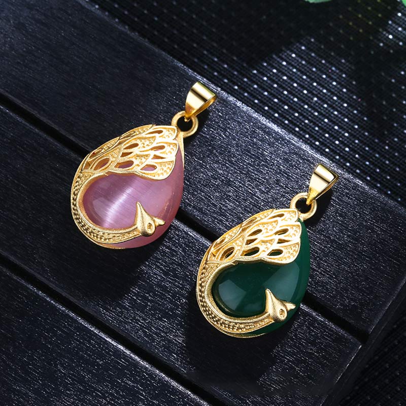 Pink Crystal Green Chalcedony Peacock Copper Soothing Love Necklace Pendant - image 2