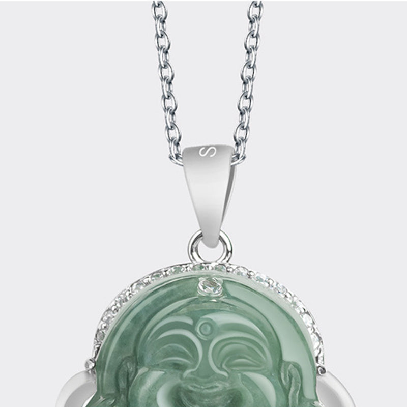 Buddha Stones 925 Sterling Silver Laughing Buddha Jade Abundance Necklace Chain Pendant - image 7