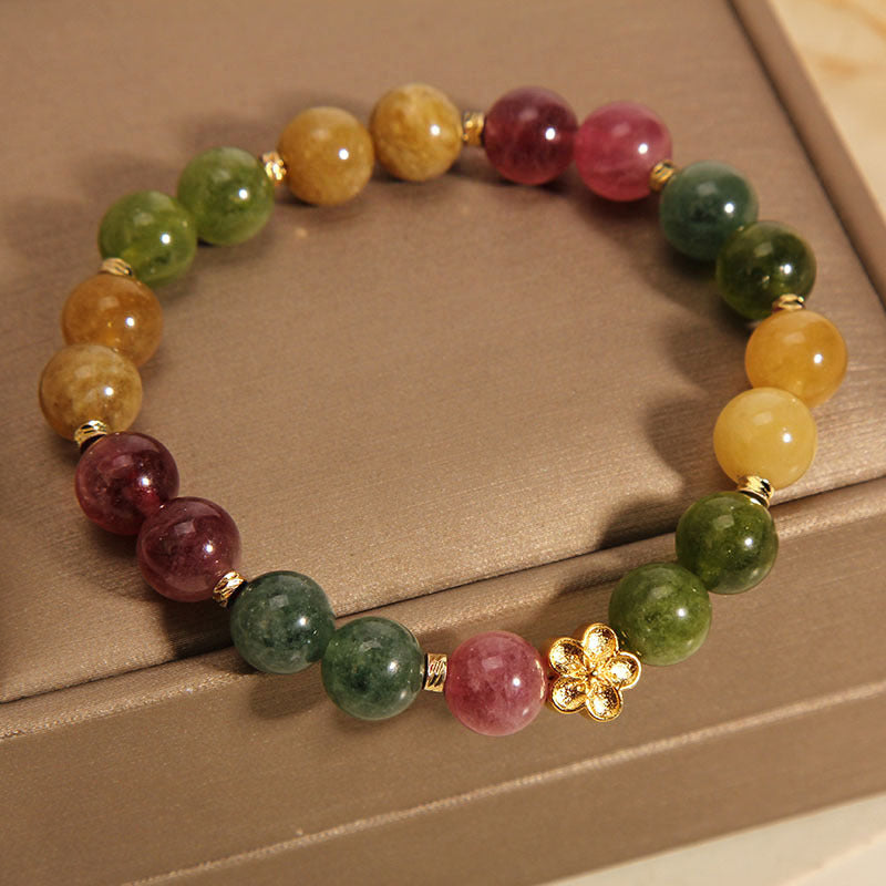 Buddha Stones Natural Colorful Tourmaline Golden Flower Positive Bracelet