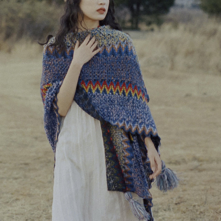 Buddha Stones Tibetan Shawl Soft Warm Knitting Cloak Winter Tibetan Tassel Scarf - image 9
