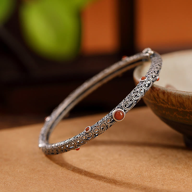 Vintage Tang Dynasty Flower Design Engraved Red Agate Copper Luck Bracelet Bangle - image 9