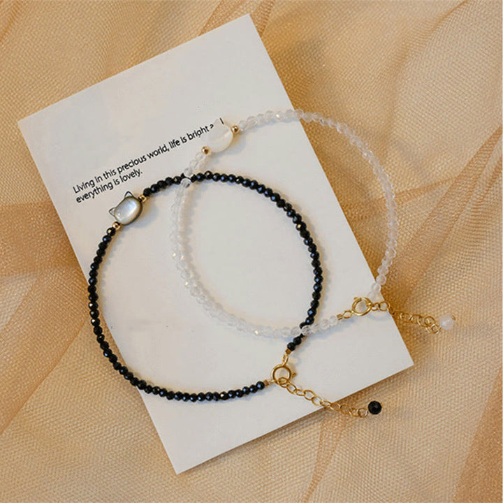 Buddha Stones 14K Gold Plated Black Spinel White Crystal Cute Cat Tridacna Stone Healing Bracelet - image 16