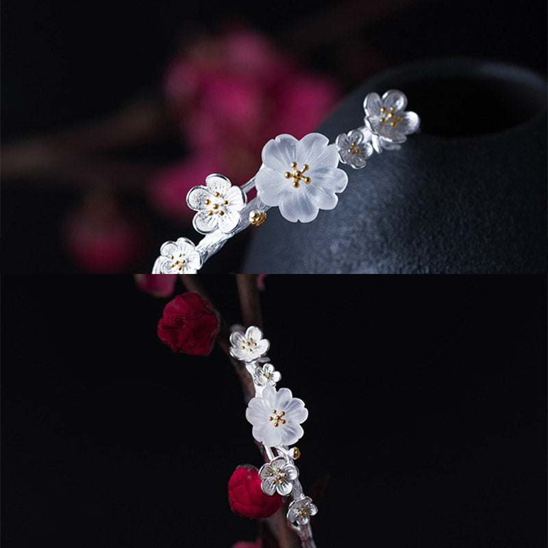 925 Sterling Silver Plum Flower Blessing Bracelet Adjustable Bangle - image 5