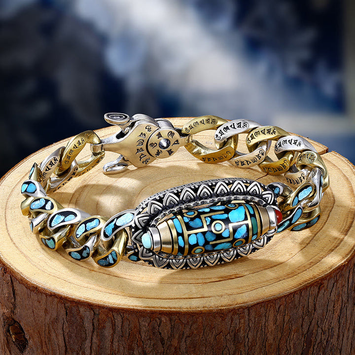 Buddha Stones Tibetan Nine-Eye Dzi Bead Om Mani Padme Hum Turquoise Protection Rotatable Bracelet - Nine-Eye Dzi Bead(Wealth♥Protection) - 22cm fit for Wrist Circumference 20cm - image 1
