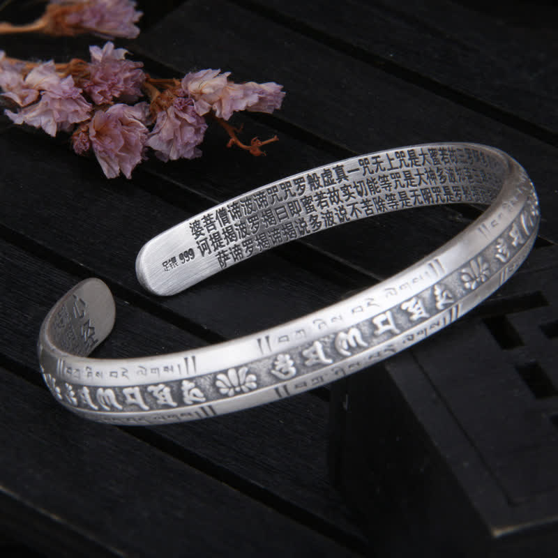 999 Sterling Silver Om Mani Padme Hum Heart Sutra Lotus Peace Bracelet Bangle - image 3