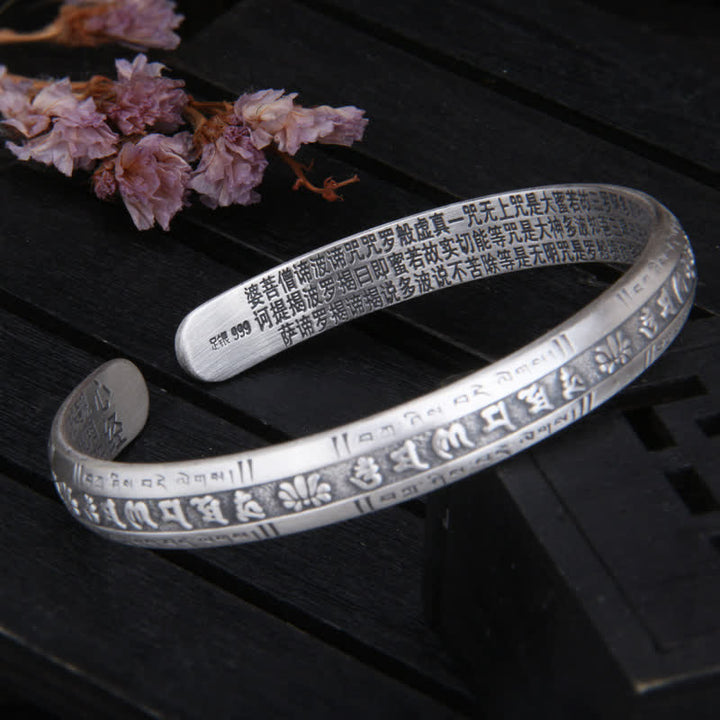 999 Sterling Silver Om Mani Padme Hum Heart Sutra Lotus Peace Bracelet Bangle - image 3