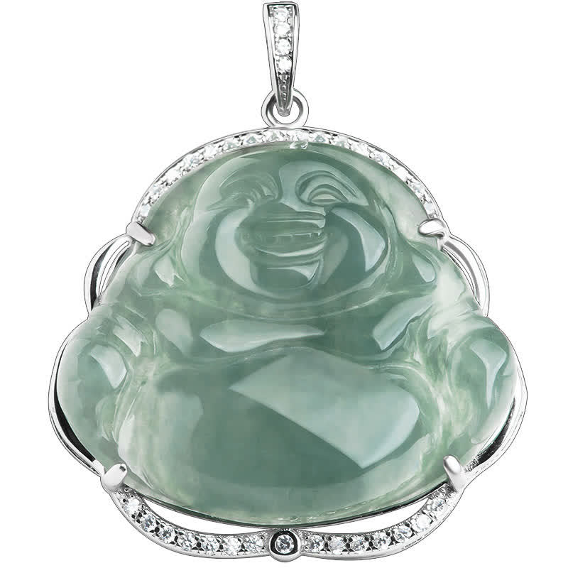 925 Sterling Silver Laughing Buddha Natural Jade Luck Necklace Chain Pendant - image 5