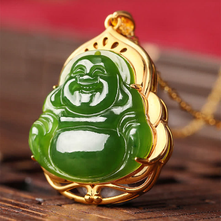 925 Sterling Silver Natural Hetian Cyan Jade Laughing Buddha 18K Gold Healing Necklace Chain Pendant - image 6
