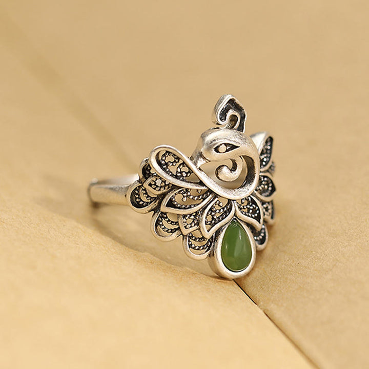 Buddha Stones 925 Sterling Silver Peacock Hetian Cyan Jade Fortune Adjustable Ring