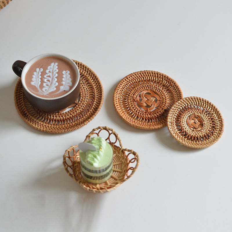 Ceramic Flower Pattern Rattan Cup Mat Tea Cup Coaster - image 1