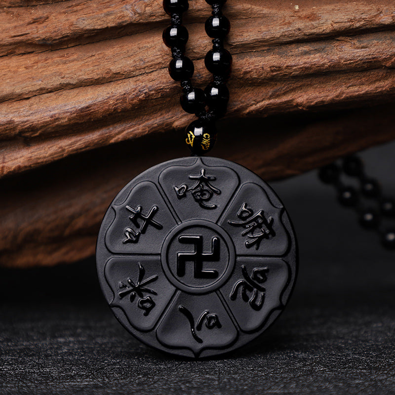 Buddha Stones Natural Black Obsidian Tibetan Om Mani Padme Hum Buddha Swastika Luck Necklace Pendant