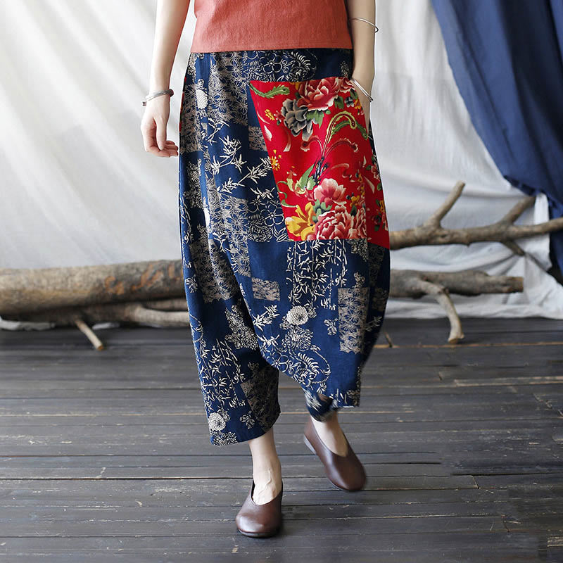 Buddha Stones Red Peony Blue Bamboo Chrysanthemum Patchwork Cotton Linen Harem Pants With Pockets