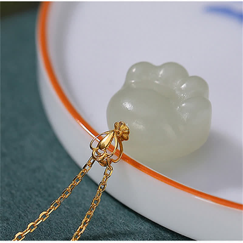 925 Sterling Silver Hetian White Jade Cute Cat Paw Luck Necklace Pendant - image 6