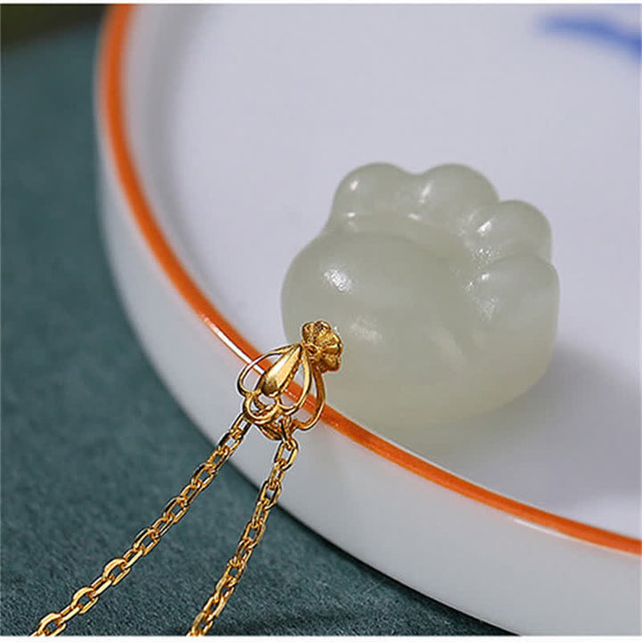 925 Sterling Silver Hetian White Jade Cute Cat Paw Luck Necklace Pendant - image 6