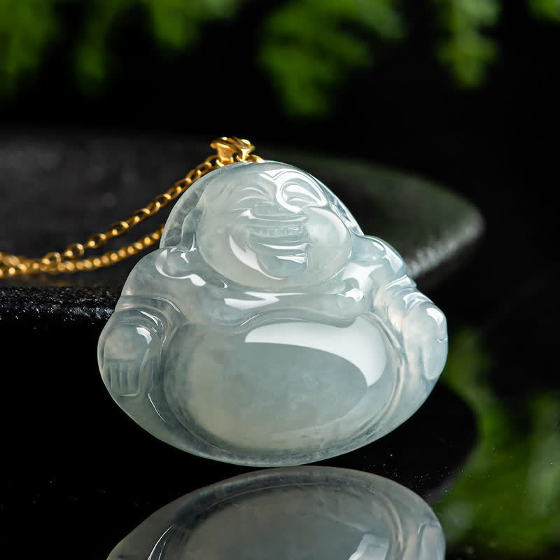 Laughing Buddha Natural Jade 18K Gold Abundance Necklace Pendant - image 2