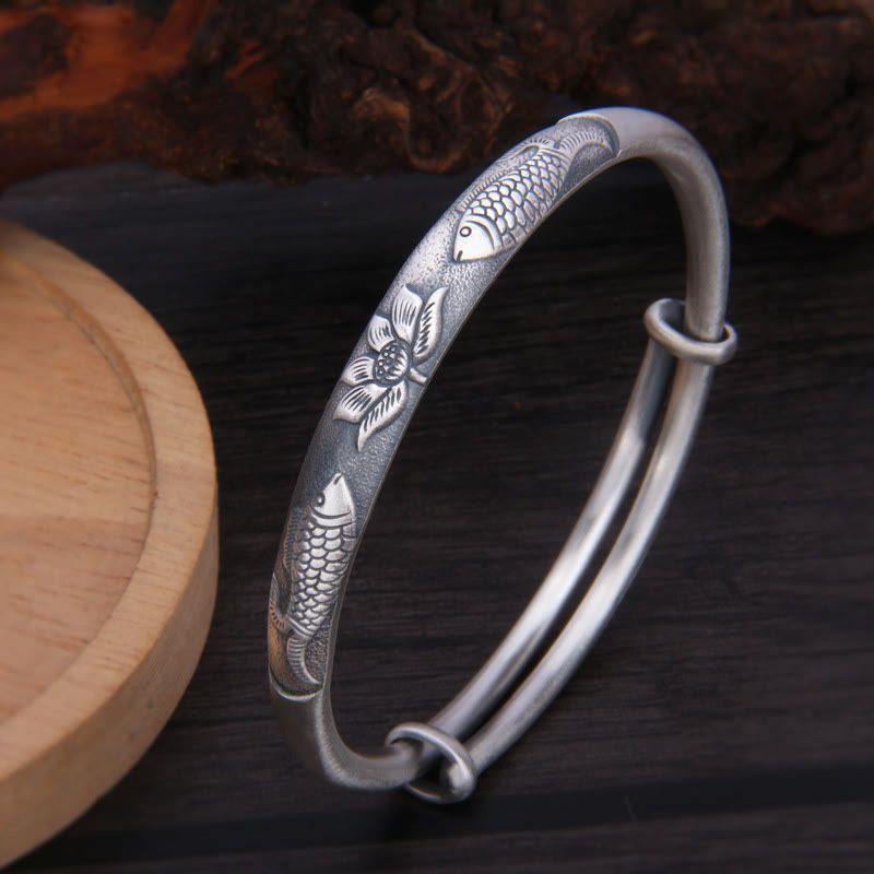 Buddha Stones 999 Sterling Silver Koi Fish Lotus Wealth Luck Bracelet Bangle - image 2