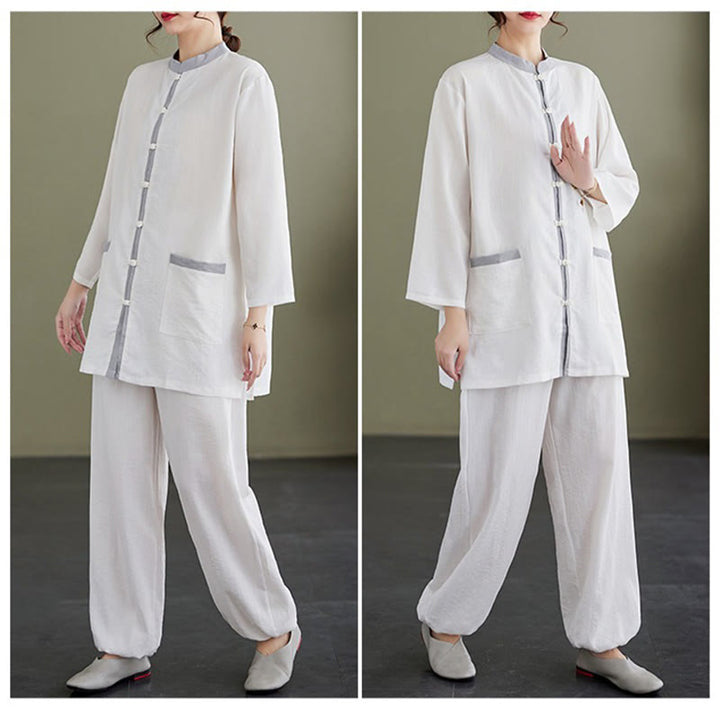 Buddha Stones 2Pcs Solid Color Long Sleeve Shirt Top Pants Meditation Zen Tai Chi Cotton Linen Clothing Women's Set