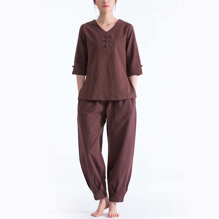 Buddha Stones Yoga Meditation Prayer V-neck Design Cotton Linen Clothing Uniform Zen Practice Women's Set - Brown - US8-10，UK/AU12-14，EU40-42 (2XL) - image 6