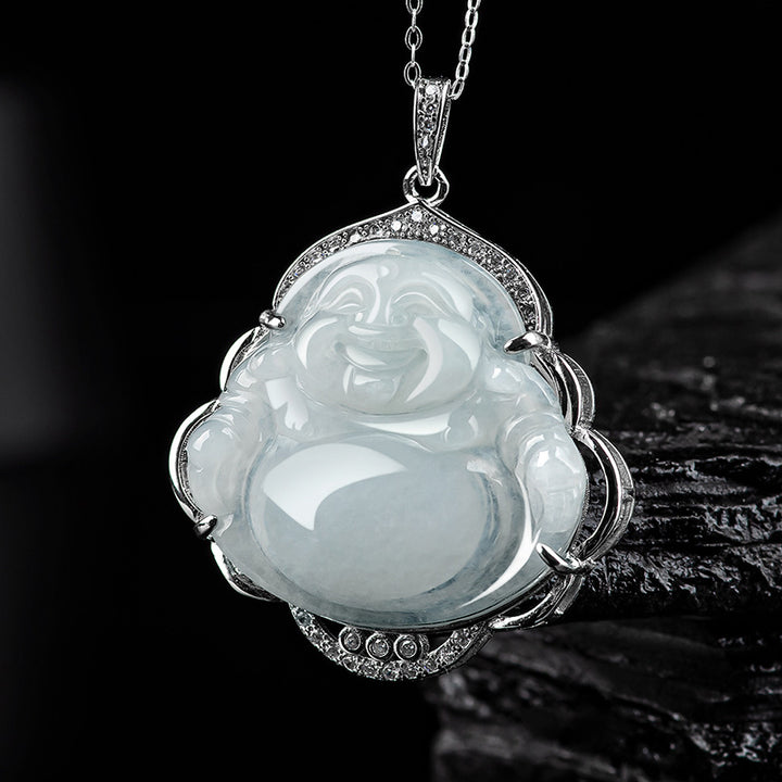 925 Sterling Silver Laughing Buddha Natural Jade Abundance Necklace Pendant - Jade (Prosperity ♥ Abundance) - image 1