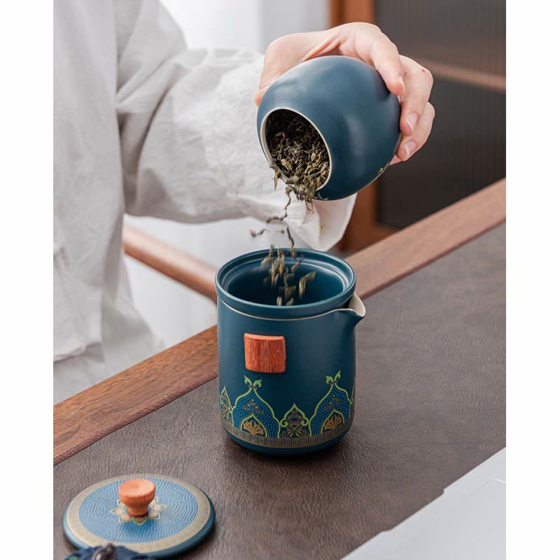 Flower Chinese Gongfu Ceramic Teapot Portable Outdoor Travel Tea Set Bag