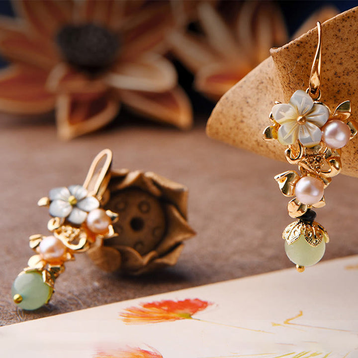 Buddha Stones 14K Gold Plated Tridacna Stone Flower Pearl Green Aventurine Bead Drop Earrings - image 1